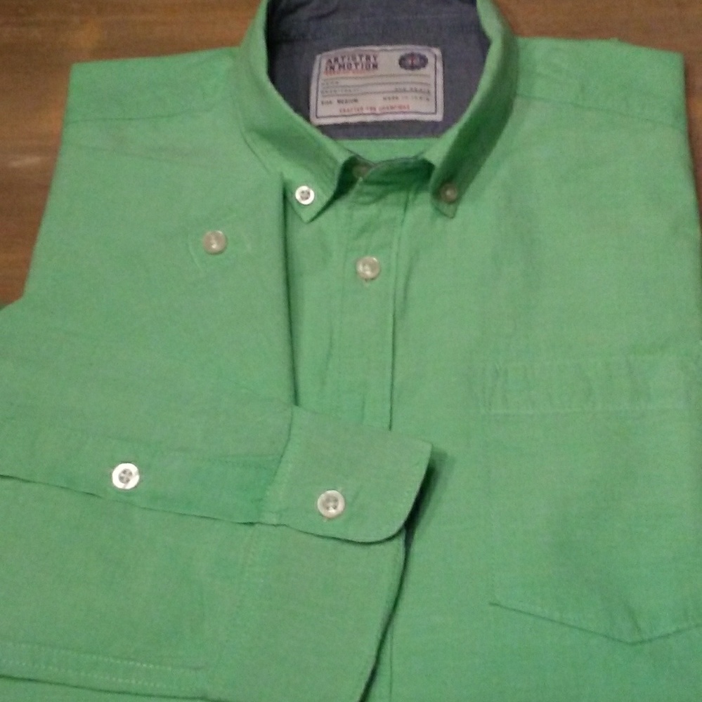 Men's long sleeve button front shirt.
